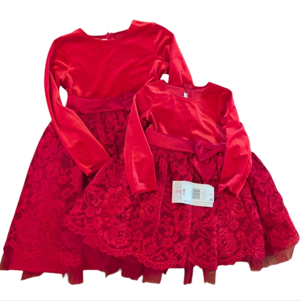BONNIE JEAN NWT Matching Big Sister Little Sister Christmas Dresses Size 7 & 2T